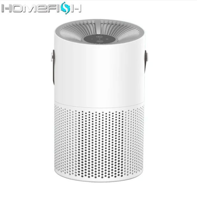 Air purifier for bedroom front view white compact design
