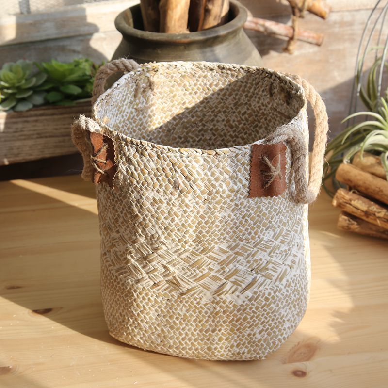 Handwoven grass basket close-up texture detail